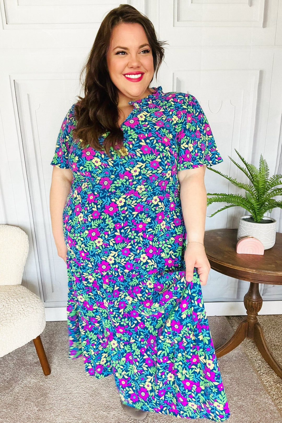 Eyes On You Navy Neon Floral Smocked Waist Maxi Dress