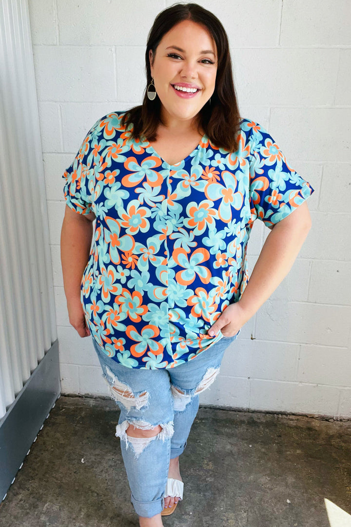 Blue & Orange Retro Floral V Neck Top