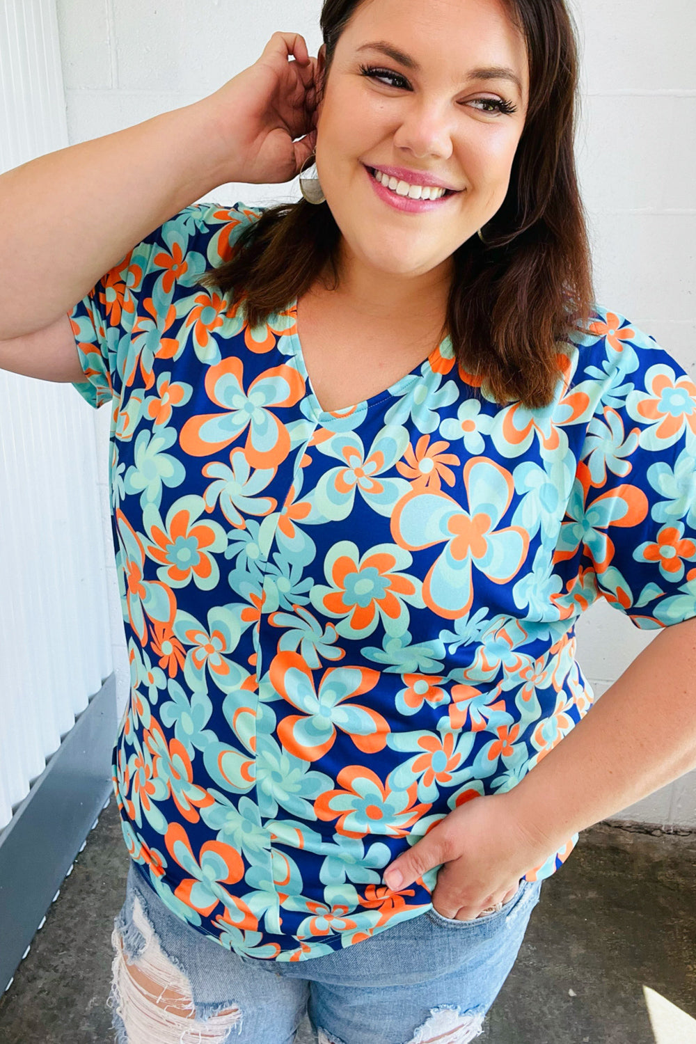 Blue & Orange Retro Floral V Neck Top