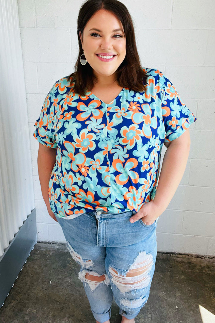 Blue & Orange Retro Floral V Neck Top