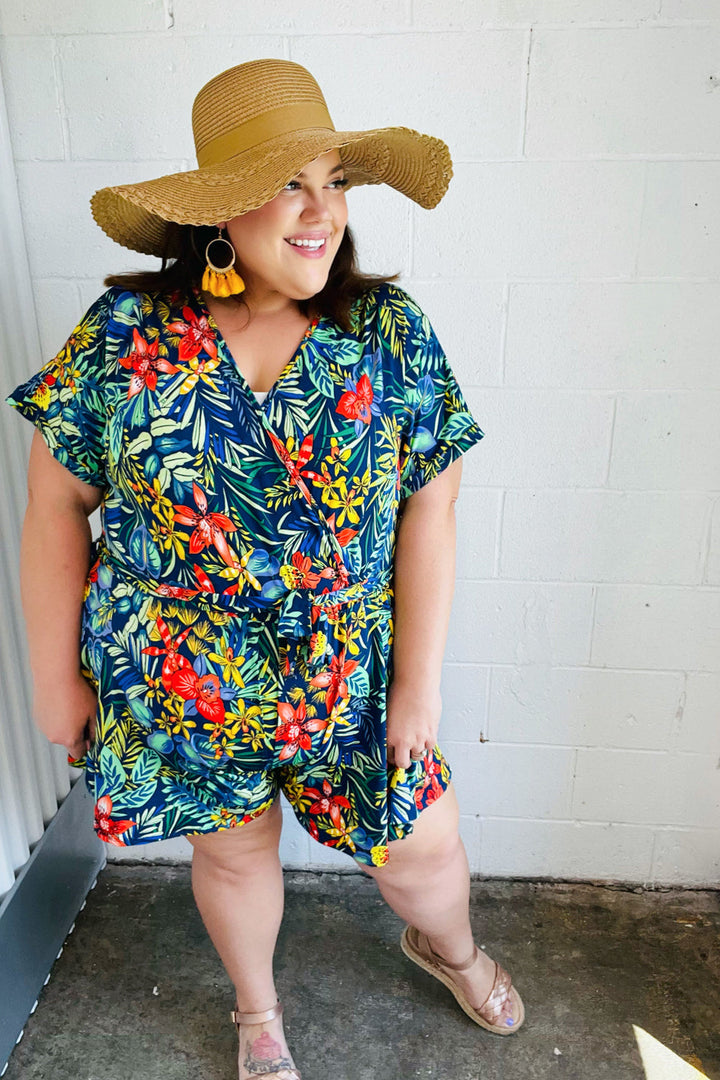 Navy Tropical Floral Surplice Romper