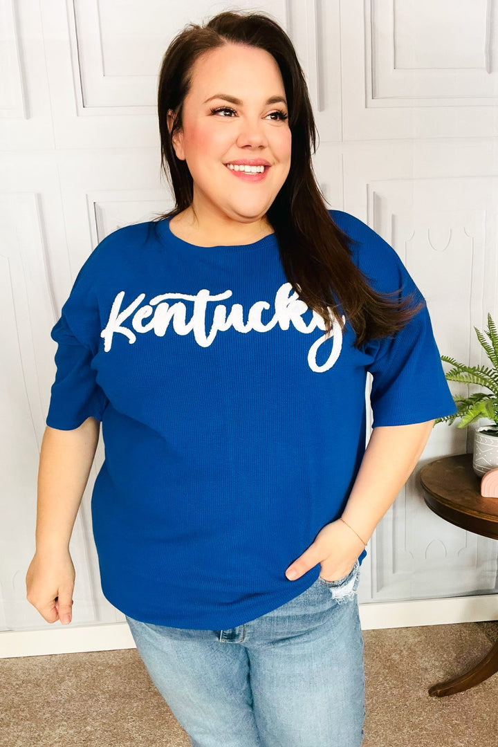 Be Proud Blue "Kentucky" Embroidery Pop Up Rib Knit Top