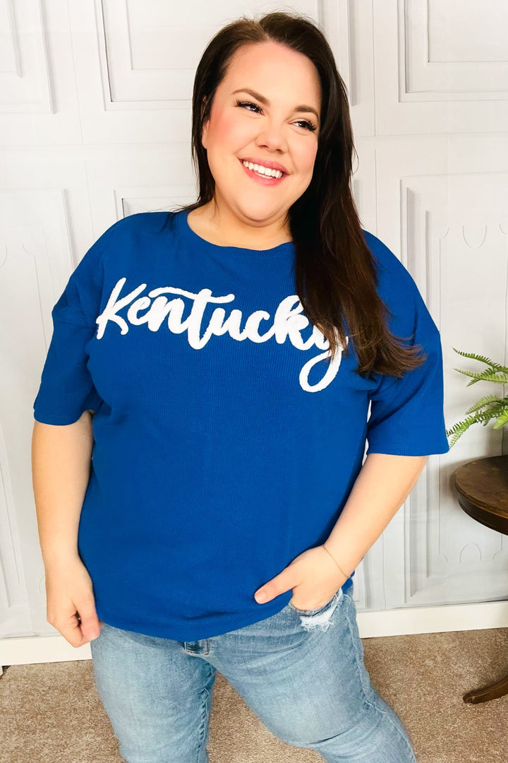 Be Proud Blue "Kentucky" Embroidery Pop Up Rib Knit Top