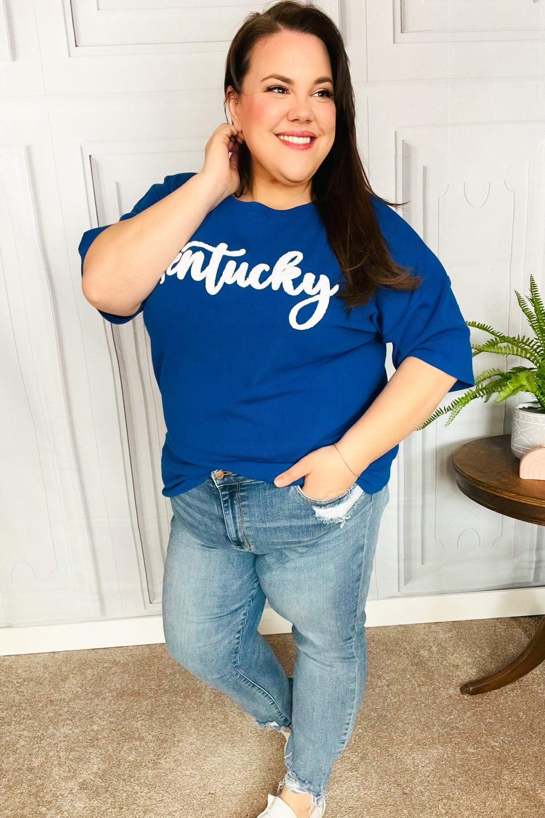 Be Proud Blue "Kentucky" Embroidery Pop Up Rib Knit Top