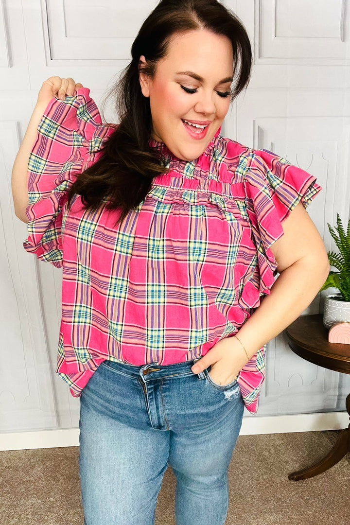 Live For Today Fuchsia Plaid Shirred Yoke Flutter Sleeve Top