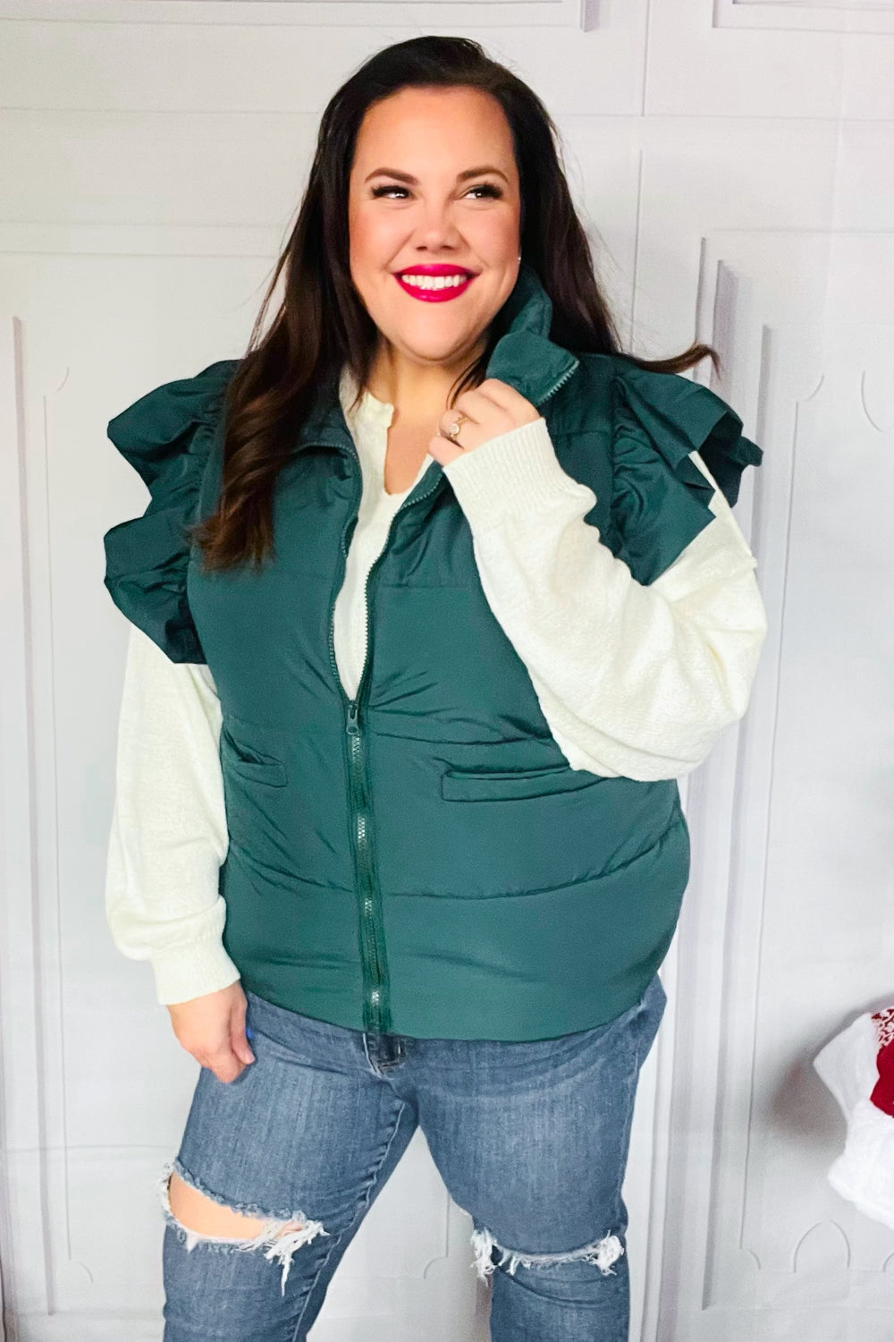 Feeling Festive Hunter Green Zipper Up Quilted Ruffle Sleeve Puffer Vest