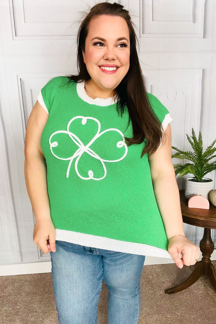 Lucky Kelly Green Embroidered Clover Short Sleeve Dolman Sweater