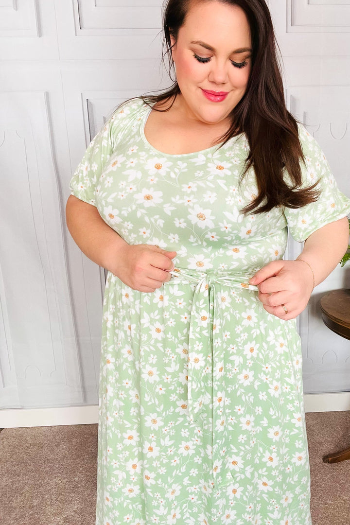 Sunny Days Sage Floral Print Fit & Flare Sash Belt V Neck Dress