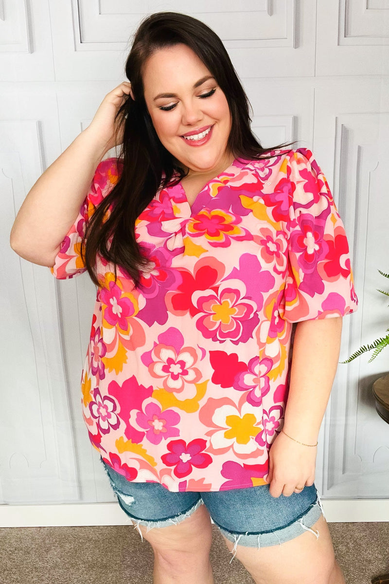 All That You Need Pink Floral Puff Sleeve V Neck Top