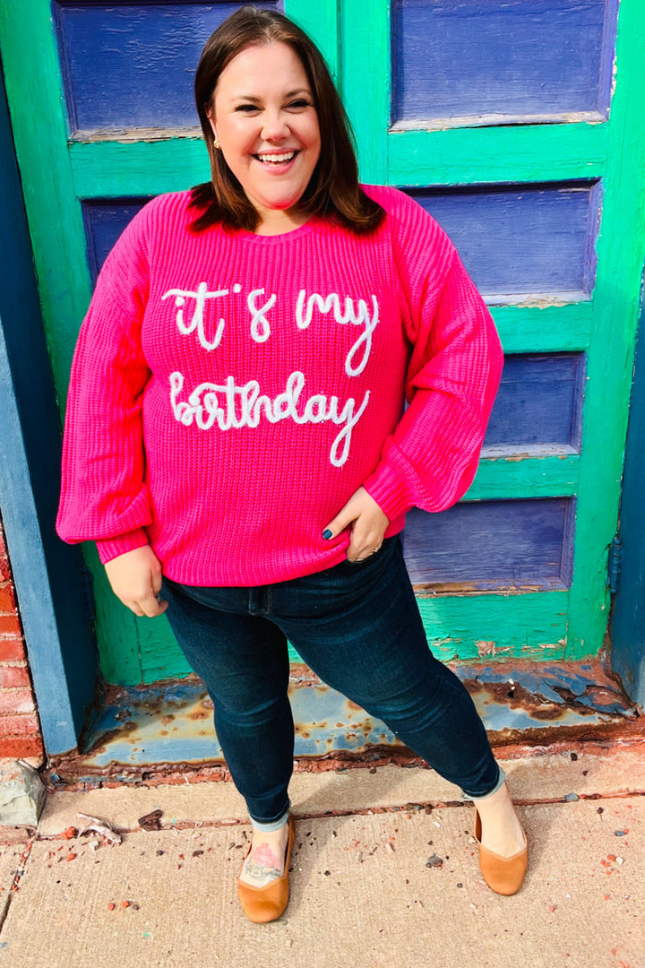 Pretty in Pink Embroidery "It's My Birthday" Chunky Knit Top