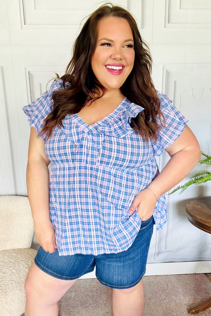 Hello Beautiful Blue Plaid V Neck Ruffle Elastic Babydoll Top