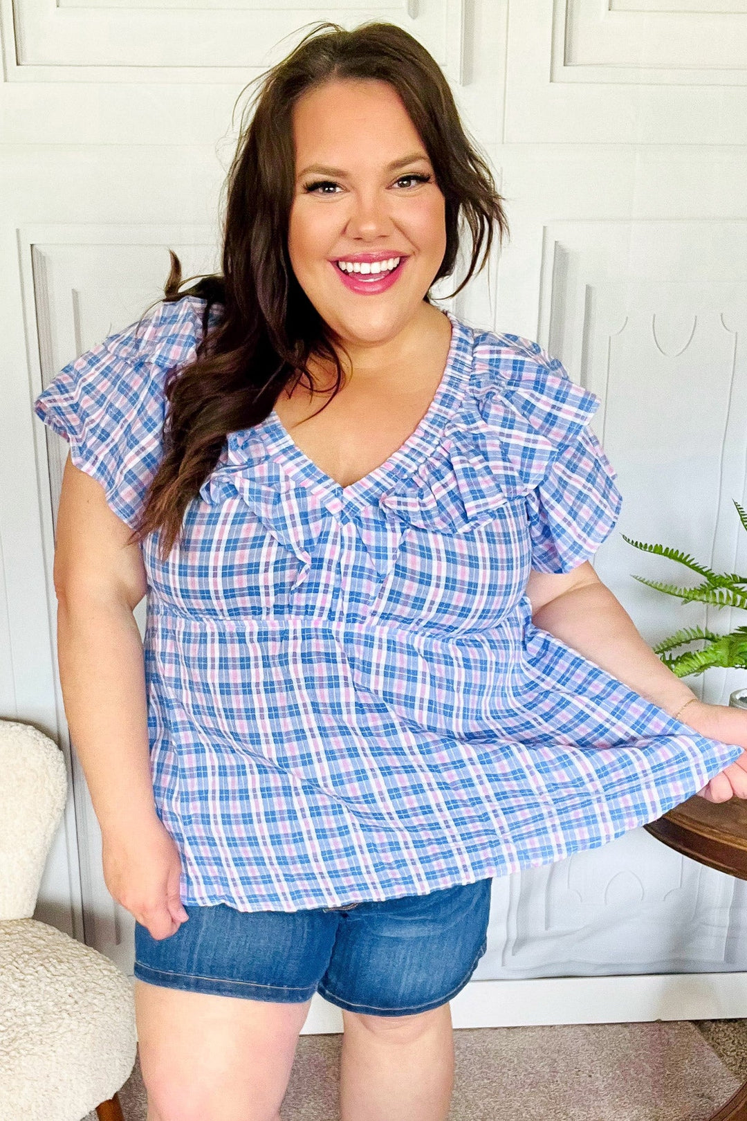 Hello Beautiful Blue Plaid V Neck Ruffle Elastic Babydoll Top