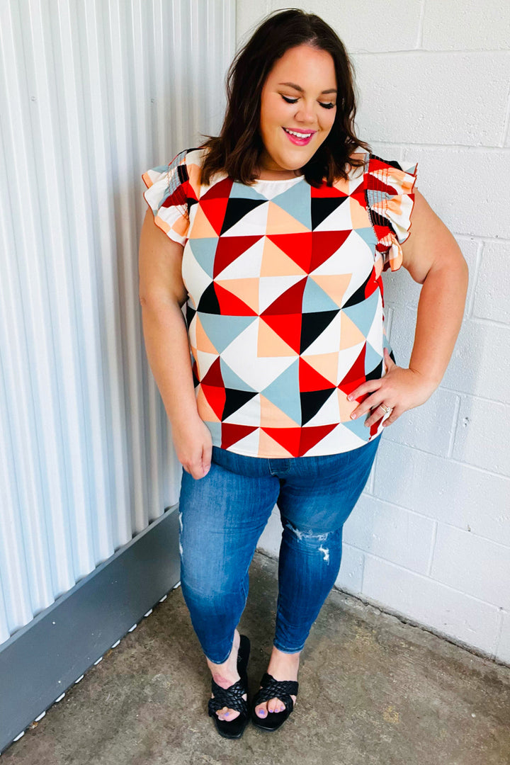 Ivory & Burnt Orange Geo Print Smocked Ruffle Frill Sleeve Top