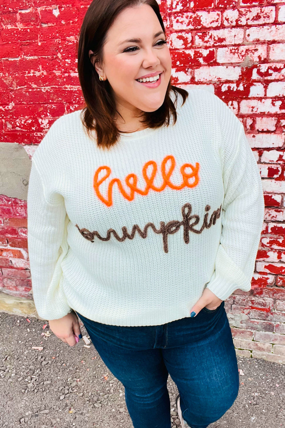 Spotlight Lurex Embroidered Neon "Hello Pumpkin" Chunky Sweater