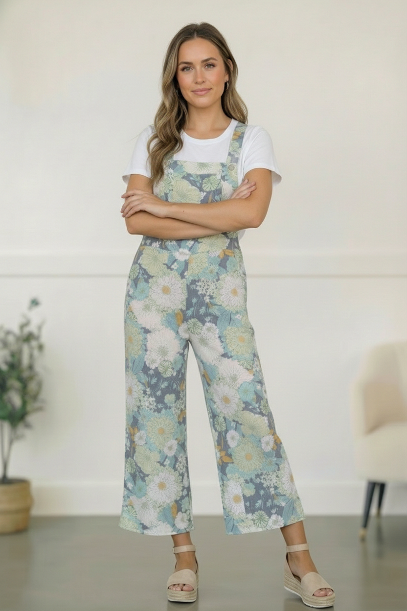 Groovy Garden Sage Floral Overalls