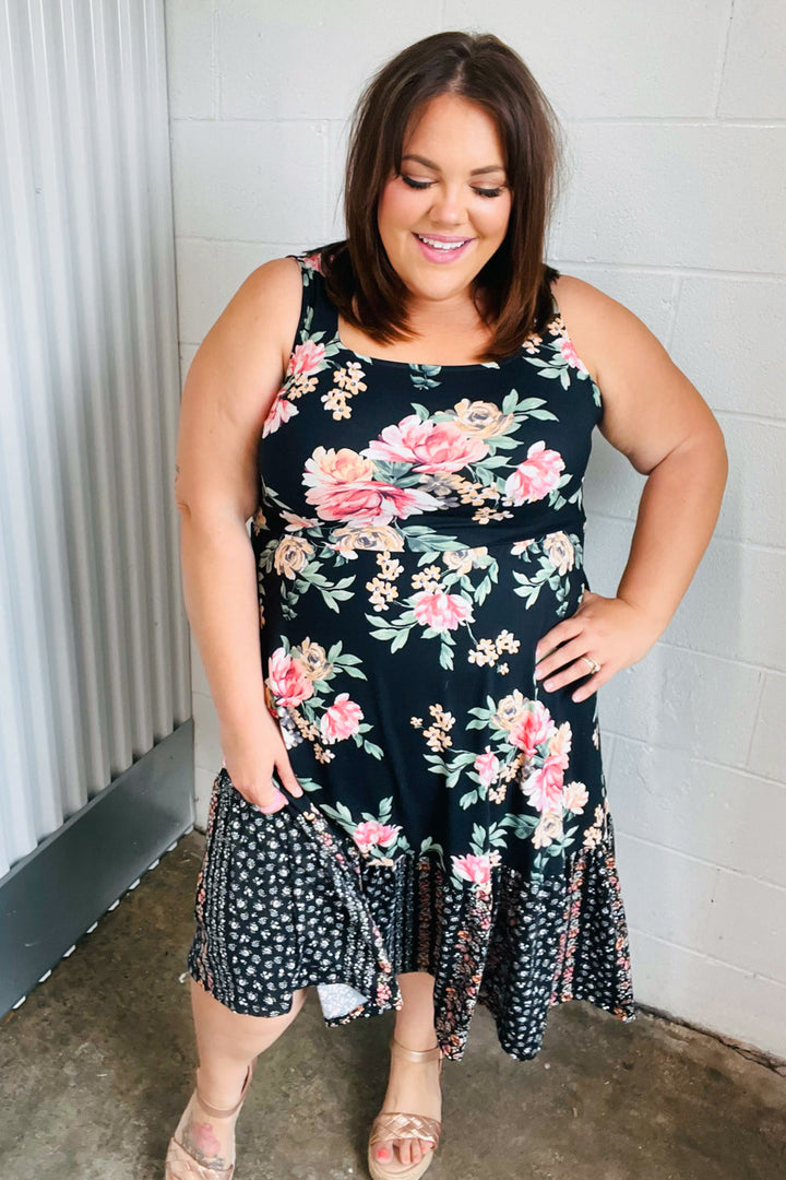 Black Floral Fit & Flare Sleeveless Midi Dress