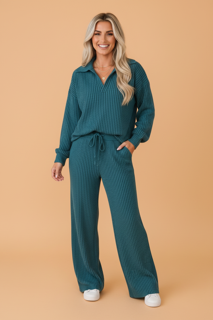 Solid Ribbed Knit Collared V-Neck Pullover & Pants Set