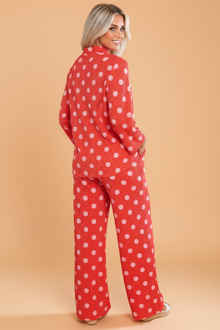 Polka Dot Ribbed Knit Mock Neck Top & Pants Set