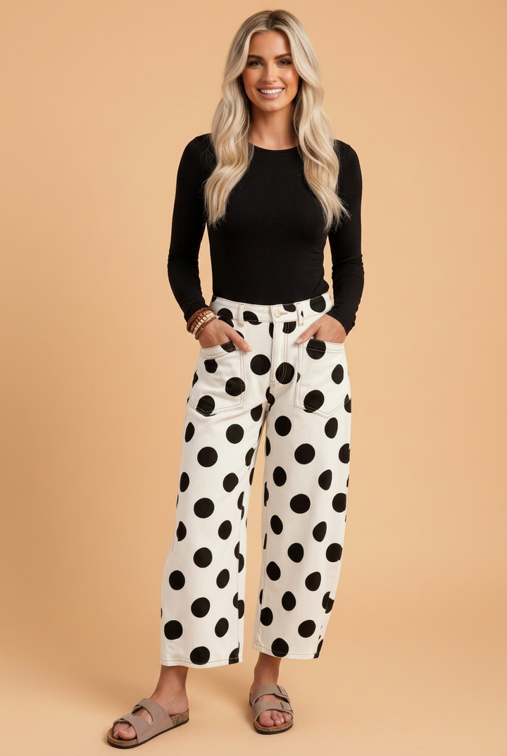 Polka Dot Denim High Waist Barrel Leg Jeans