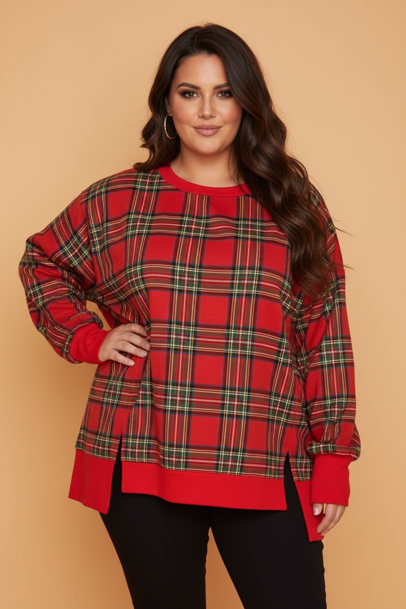 Plus Size Plaid Contrast Trim Split Hem Sweatshirt