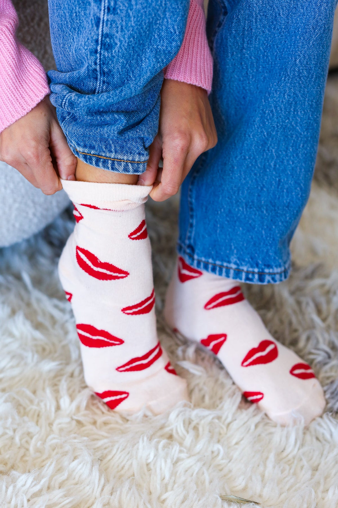 Red Lips Crew Socks