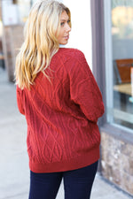 Rust Cable Knit Lace Up V Neck Sweater