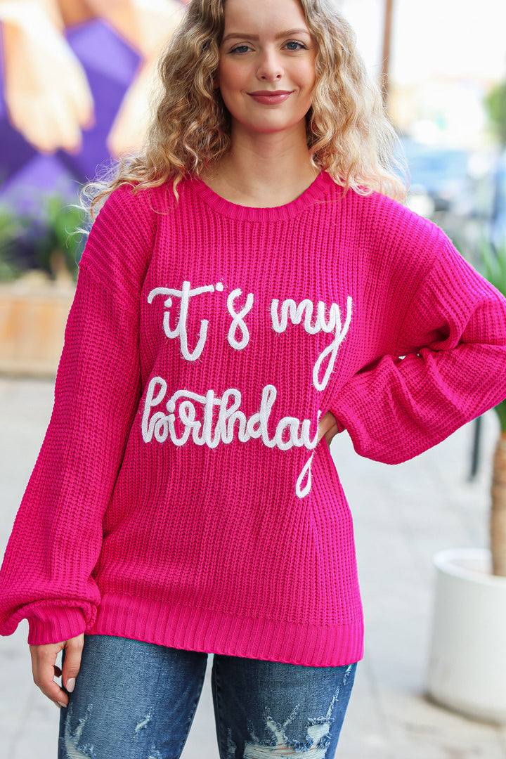 Pretty in Pink Embroidery "It's My Birthday" Chunky Knit Top