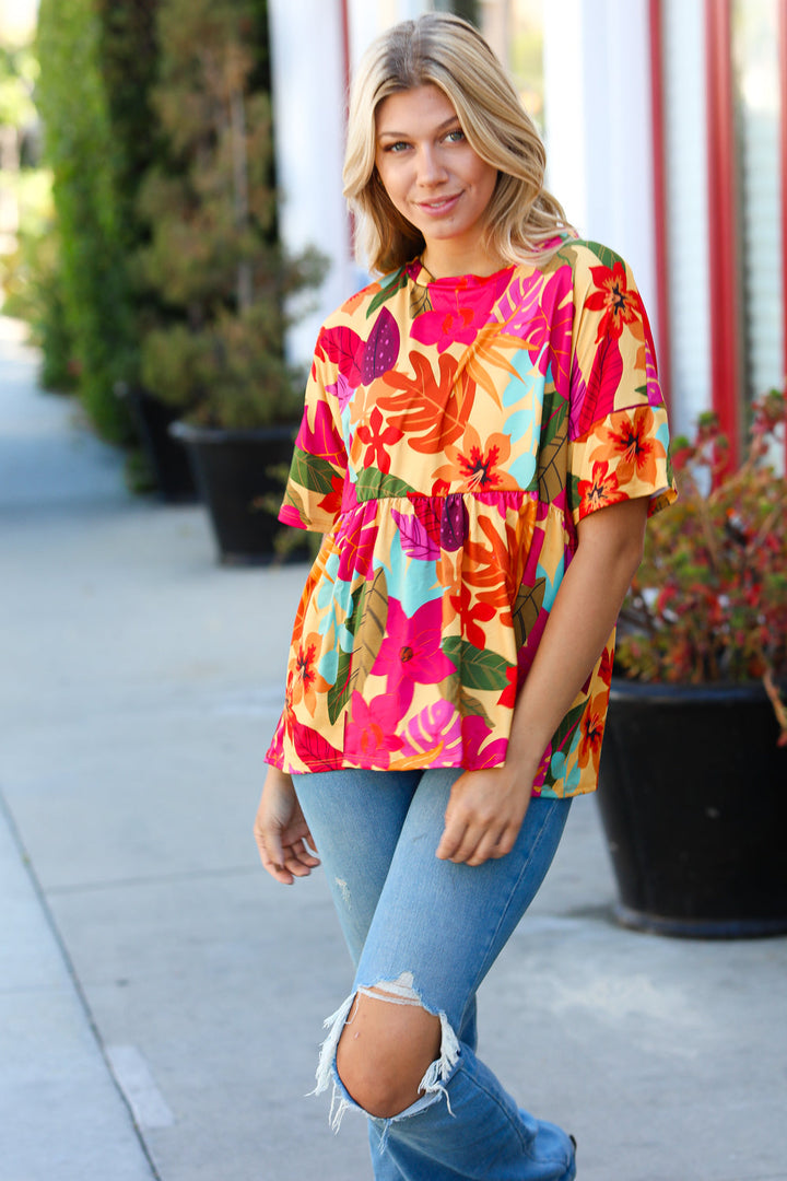 Burnt Orange Drop Shoulder Floral Babydoll Top