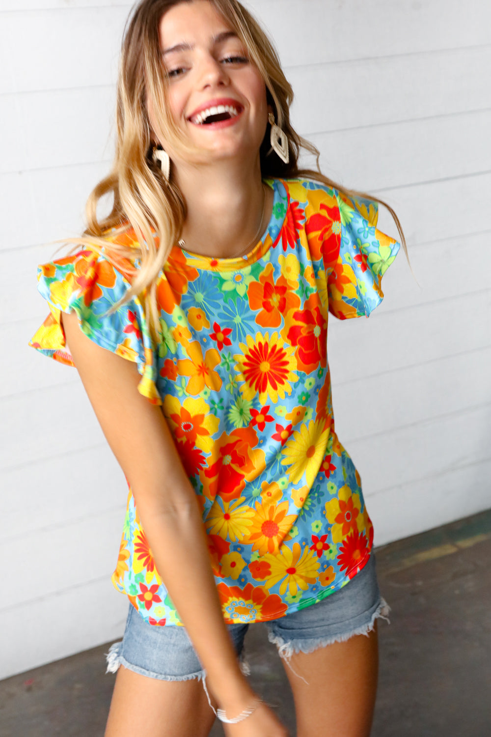 Yellow & Red Floral Flutter Sleeve Top