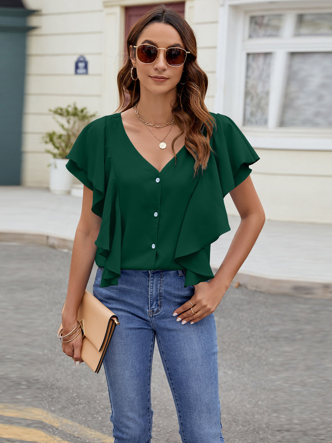 Ruffled V-Neck Short Sleeve Top