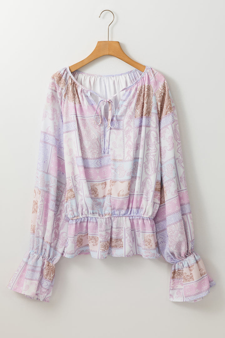 Printed Tie Neck Flounce Sleeve Blouse