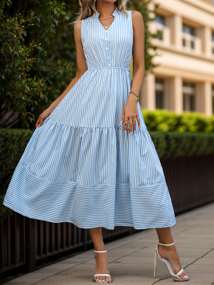 Striped Notched Sleeveless Midi Dress