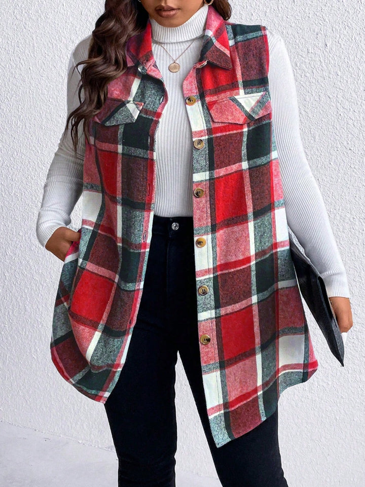 Honey Plus Size Pocketed Plaid Button Up Vest Coat