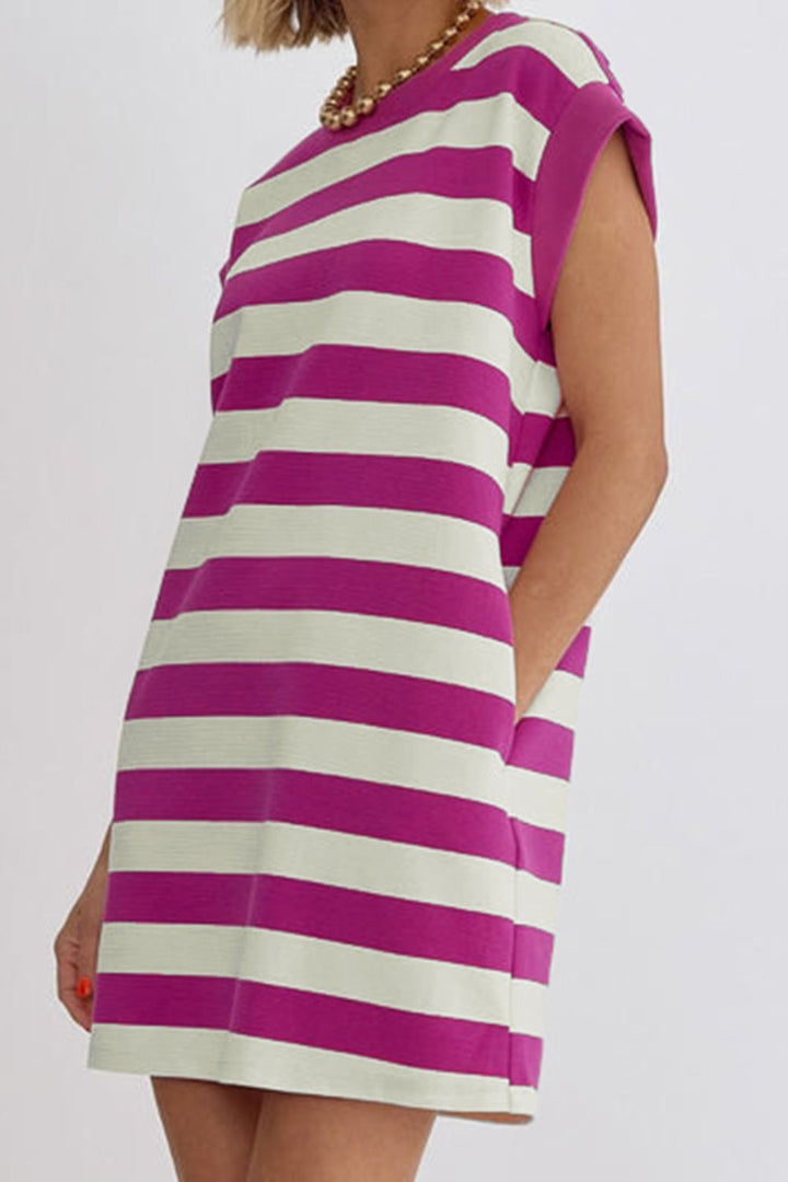 Striped Round Neck Cap Sleeve Dress