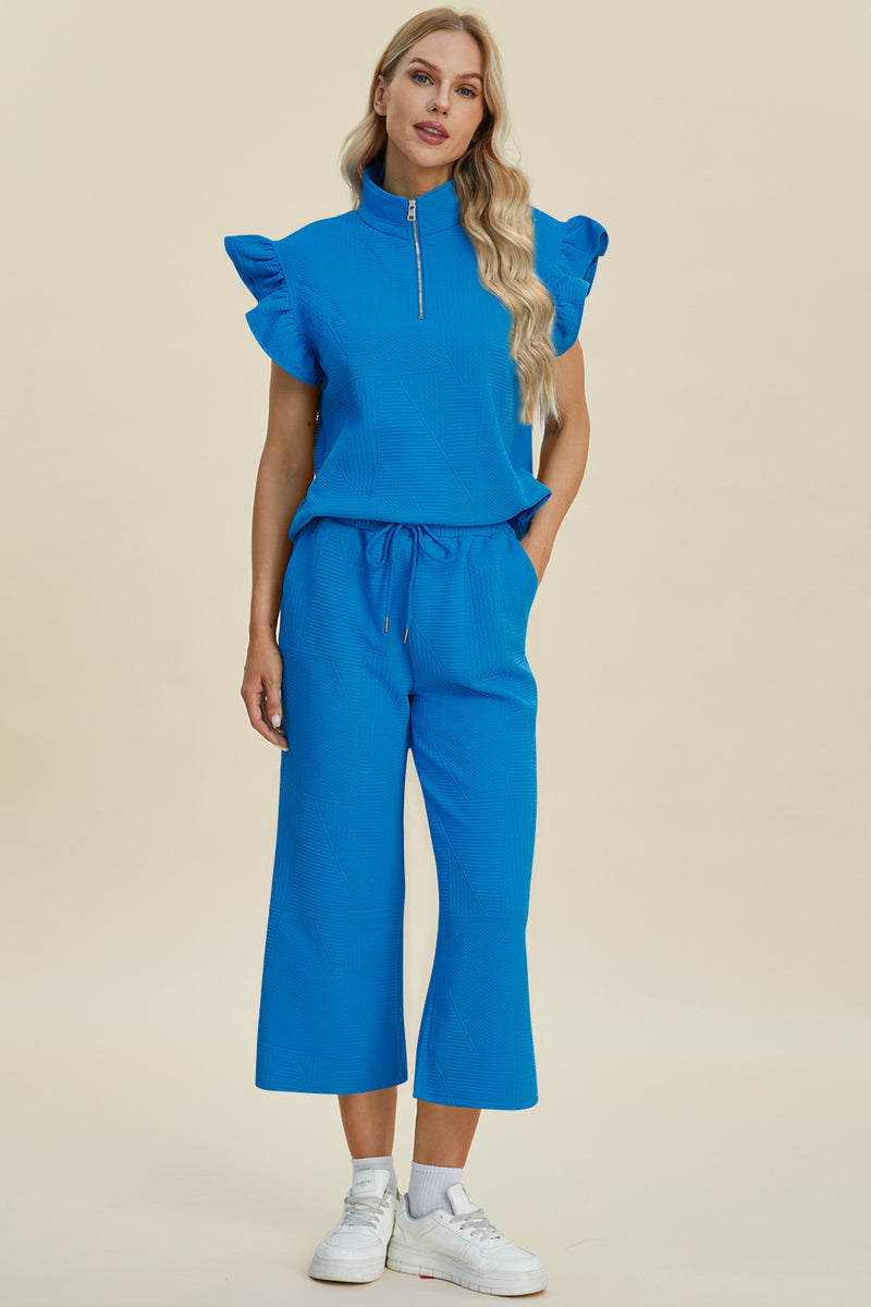 Double Take Full Size Texture Ruffle Short Sleeve Top and Wide Leg Pants Set