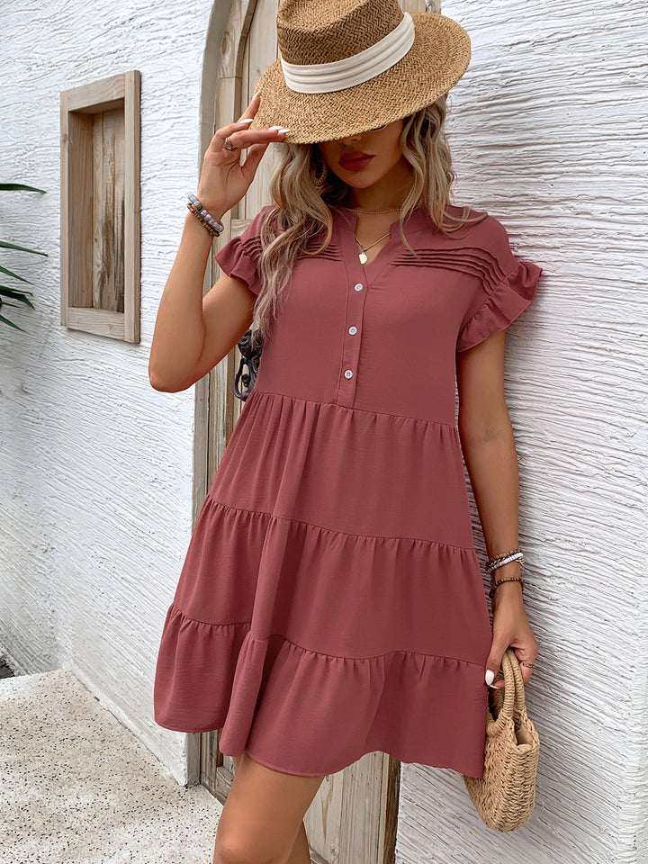 Tiered Notched Flounce Sleeve Mini Dress