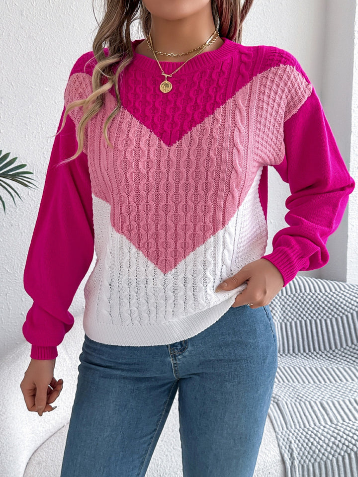 Contrast Round Neck Long Sleeve Sweater