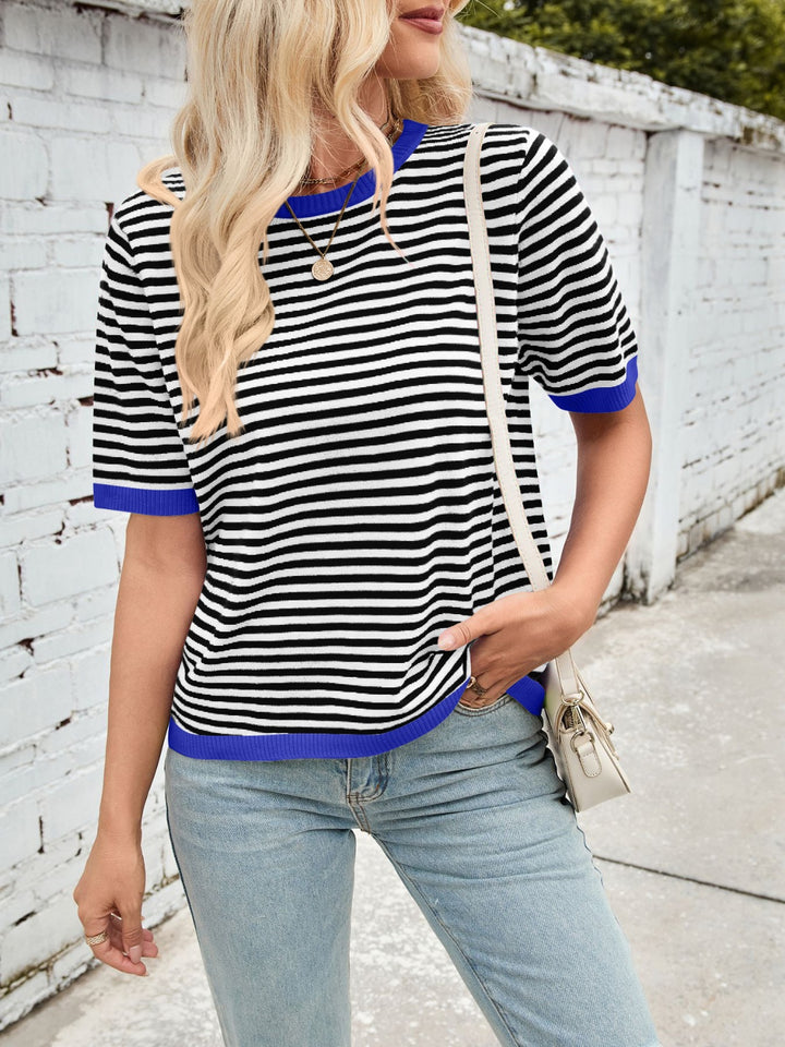 Lovelet Striped Contrast Round Neck Half Sleeve Knit Top