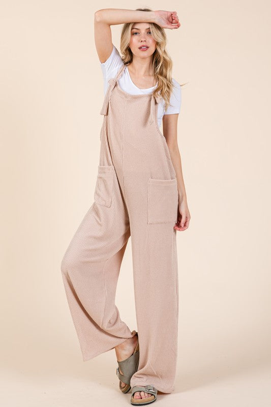 BOMBOM Knot Straps Wide Leg Ribbed Overalls with Pockets