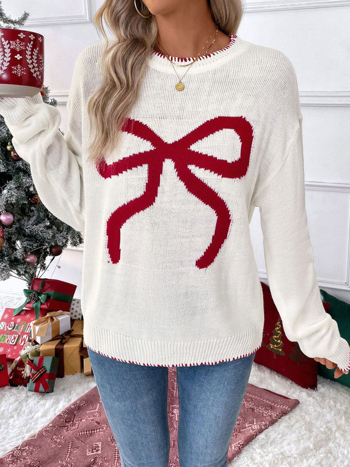 Perfee Bow Round Neck Long Sleeve Sweater