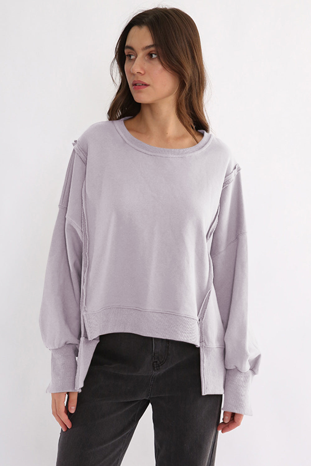 Exposed Seam High-Low Long Sleeve Sweatshirt