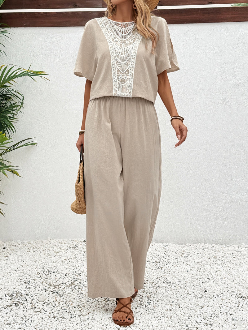 Lace Detail Round Neck Top and Pants Set