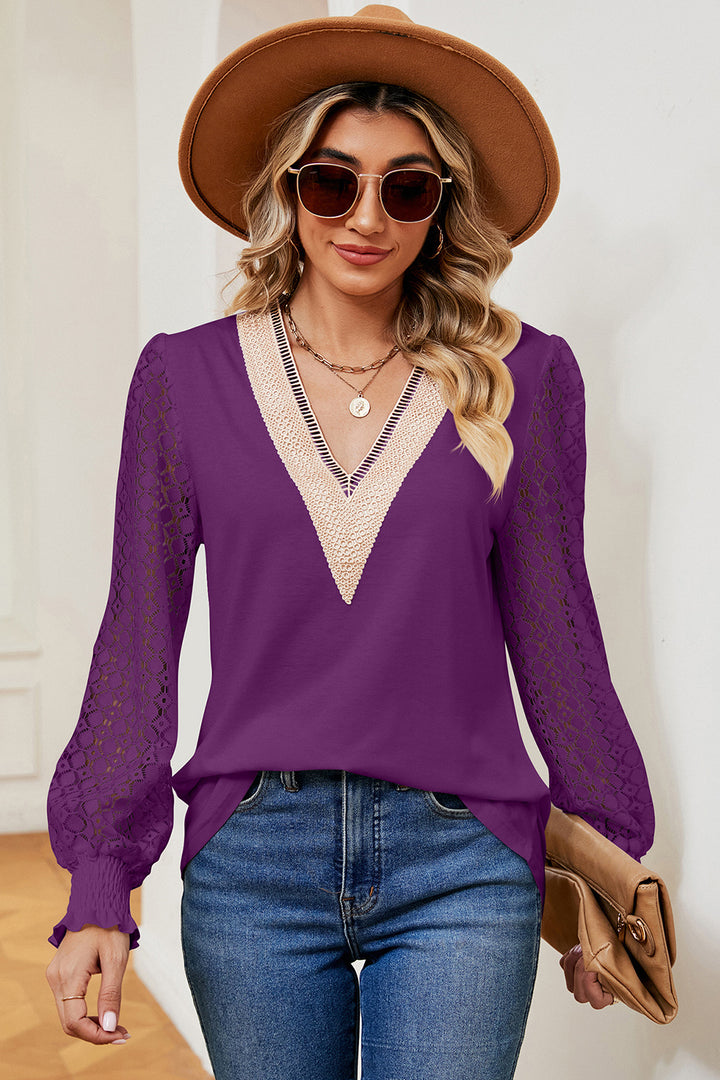 Openwork V-Neck Long Sleeve T-Shirt