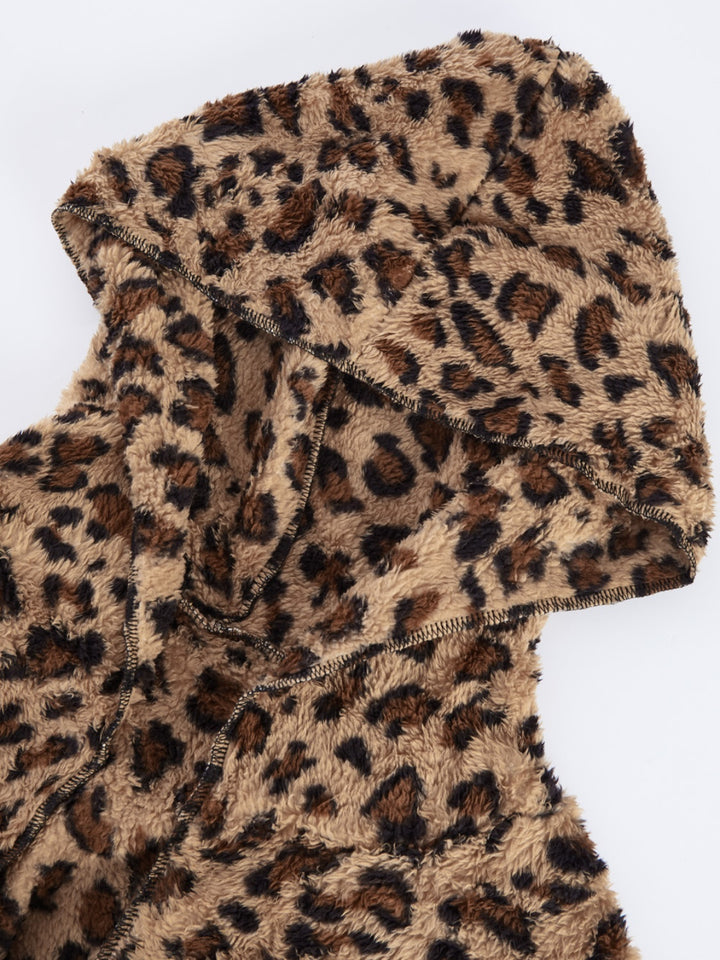 Fuzzy Leopard Long Sleeve Hooded Jacket