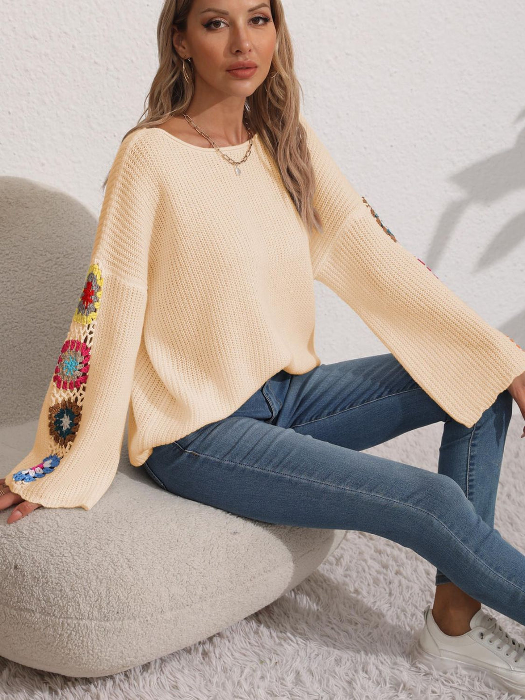 Crochet Flower Long Sleeve Sweater