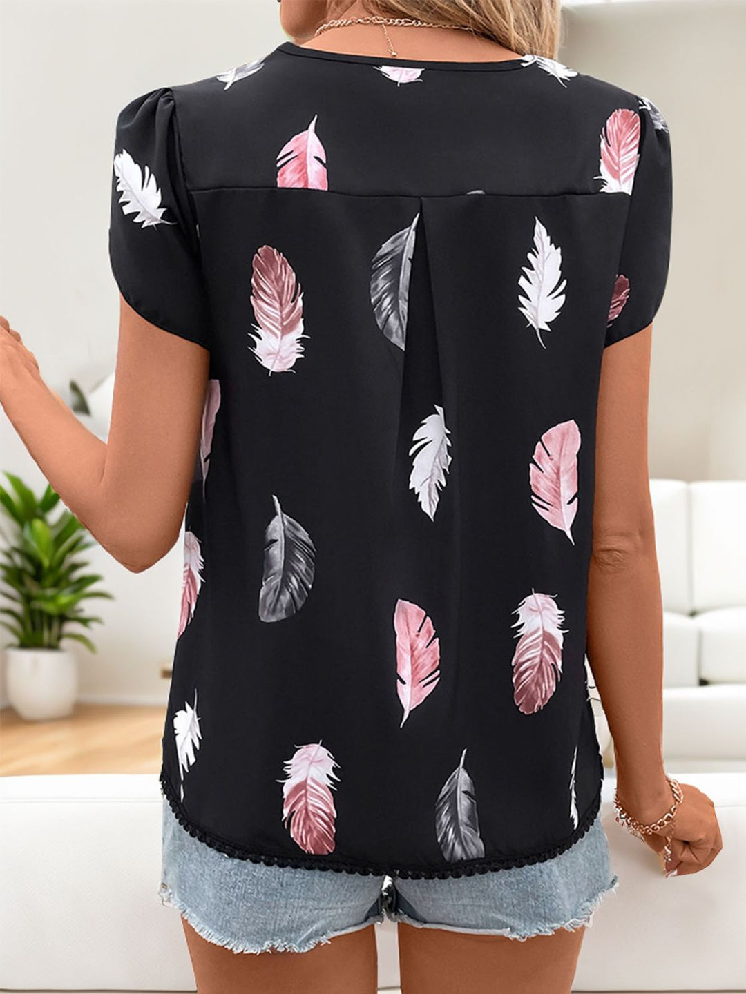 Printed V-Neck Short Sleeve Blouse