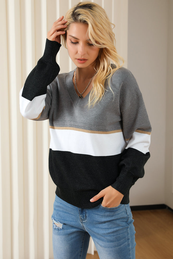 Color Block V Neck Long Sleeve Sweater