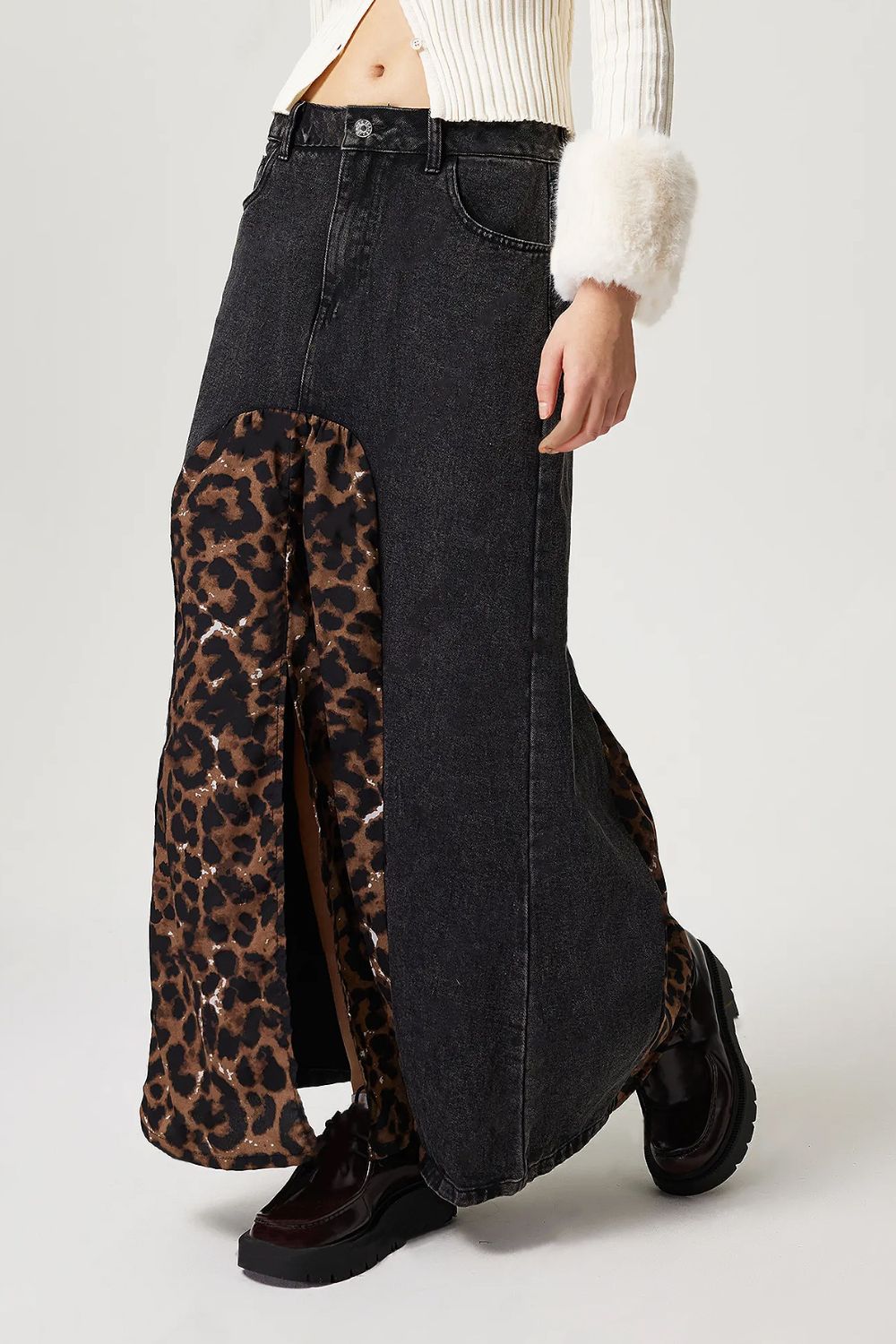 Slit Leopard Midi Denim Skirt