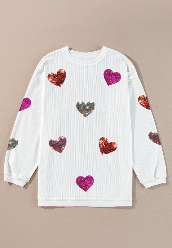 Valentine’s Day Sequin Heart Round Neck Long Sleeve Sweatshirt