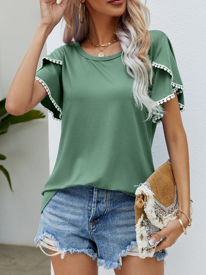 Pom-Pom Trim Flutter Sleeve Round Neck T-Shirt